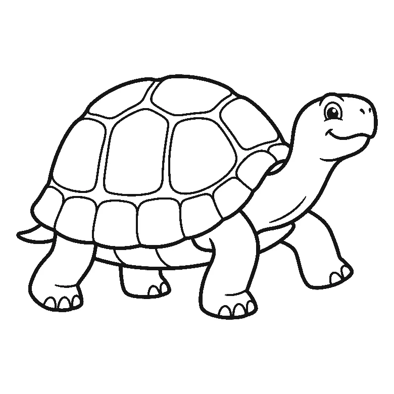 Een schildpad loopt in profiel met een groot rond schild vol vakjes, vier stevige poten en een lachend kopje met één oog, in zwarte lijnen op een witte achtergrond.