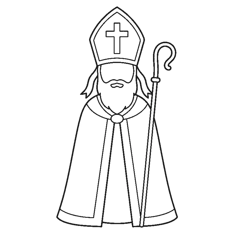Sinterklaas staat rechtop van voren, met een hoge mijter met een kruis erop, een lange baard en een wijde mantel met een ronde gesp bij de hals, en een staf met een gekrulde bovenkant naast zich, in zwarte lijnen op een witte achtergrond.
