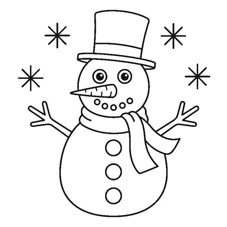 Een sneeuwpop kijkt recht naar de kijker, met een hoge hoed, een wortelneus, een sjaal met twee losse uiteinden en drie ronde knopen, getekend in zwarte lijnen op een witte achtergrond.