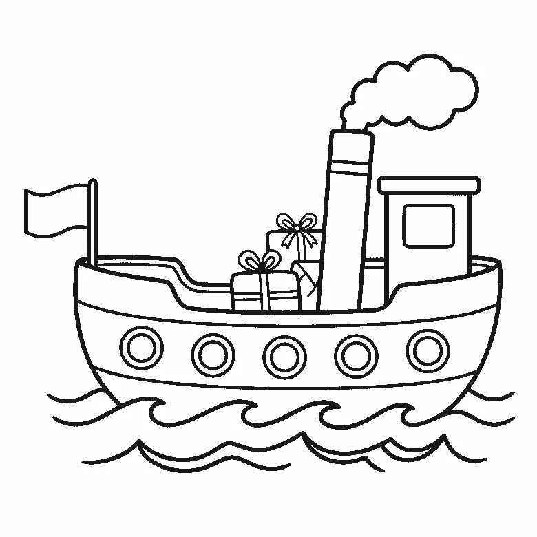 Een stoomboot vaart in zijaanzicht over golvend water, met een hoge schoorsteen met een wolk rook erboven, vijf ronde patrijspoorten in de romp, een stuurhut met een vierkant raam, een lege vlag aan een korte mast en twee ingepakte cadeaus op het dek, in zwarte lijnen op een witte achtergrond.