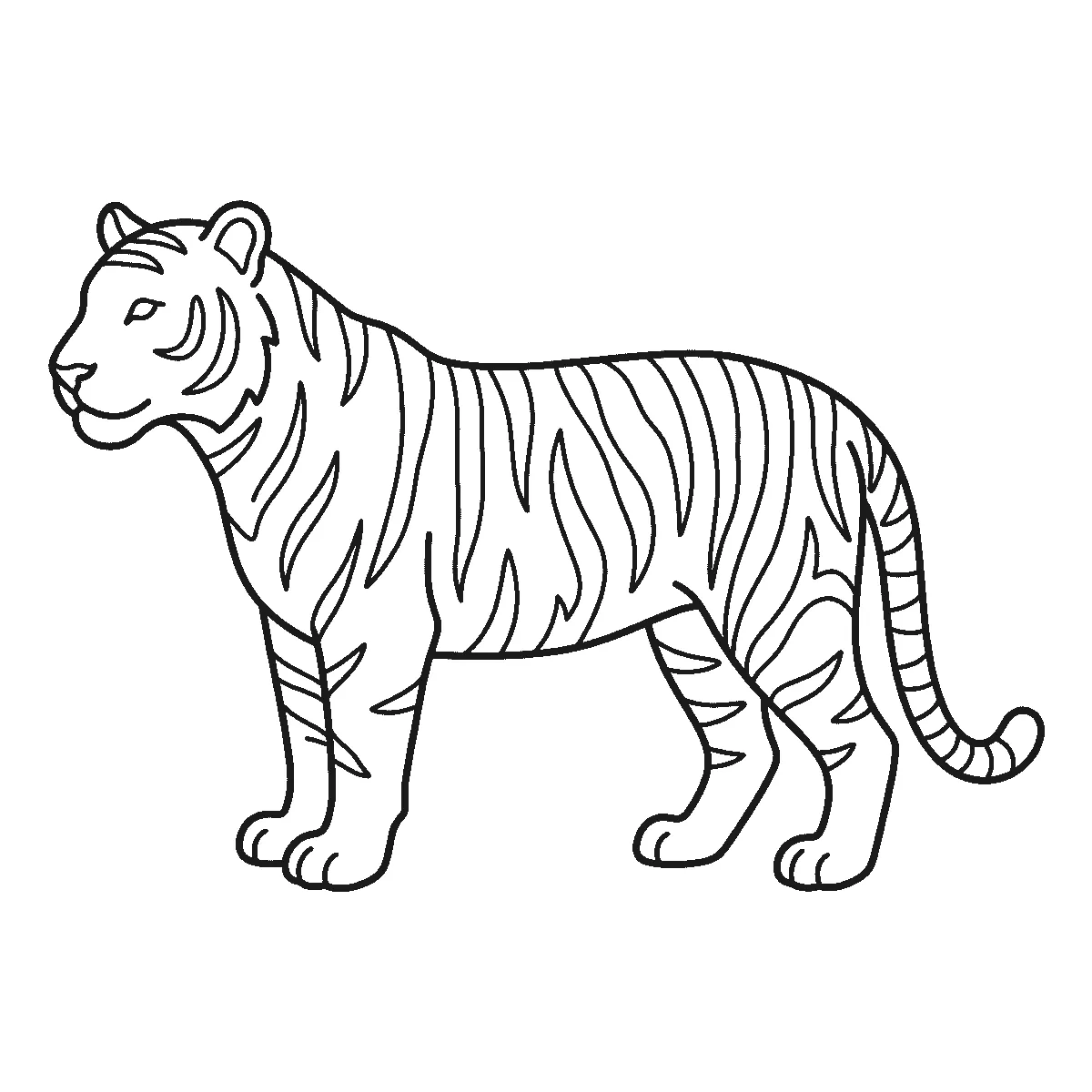 Een tijger staat in zijaanzicht met de kop naar links, met één zichtbaar amandelvormig oog, brede strepen over het hele lichaam en een lange, omkrullende staart, in zwarte lijnen op een witte achtergrond.