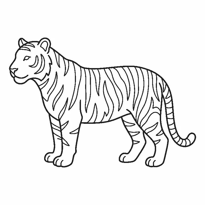Een tijger staat in zijaanzicht met de kop naar links, met één zichtbaar amandelvormig oog, brede strepen over het hele lichaam en een lange, omkrullende staart, in zwarte lijnen op een witte achtergrond.