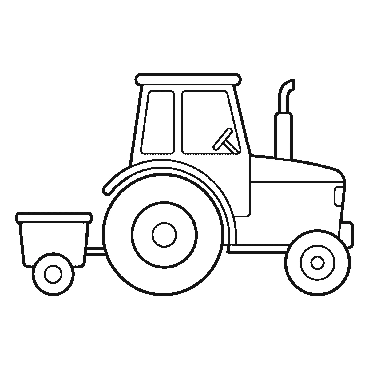 Een tractor van opzij met een groot achterwiel, een klein voorwiel, een cabine en een gebogen uitlaatpijp, met een klein aanhangwagentje erachter, getekend in zwarte lijnen op een witte achtergrond.