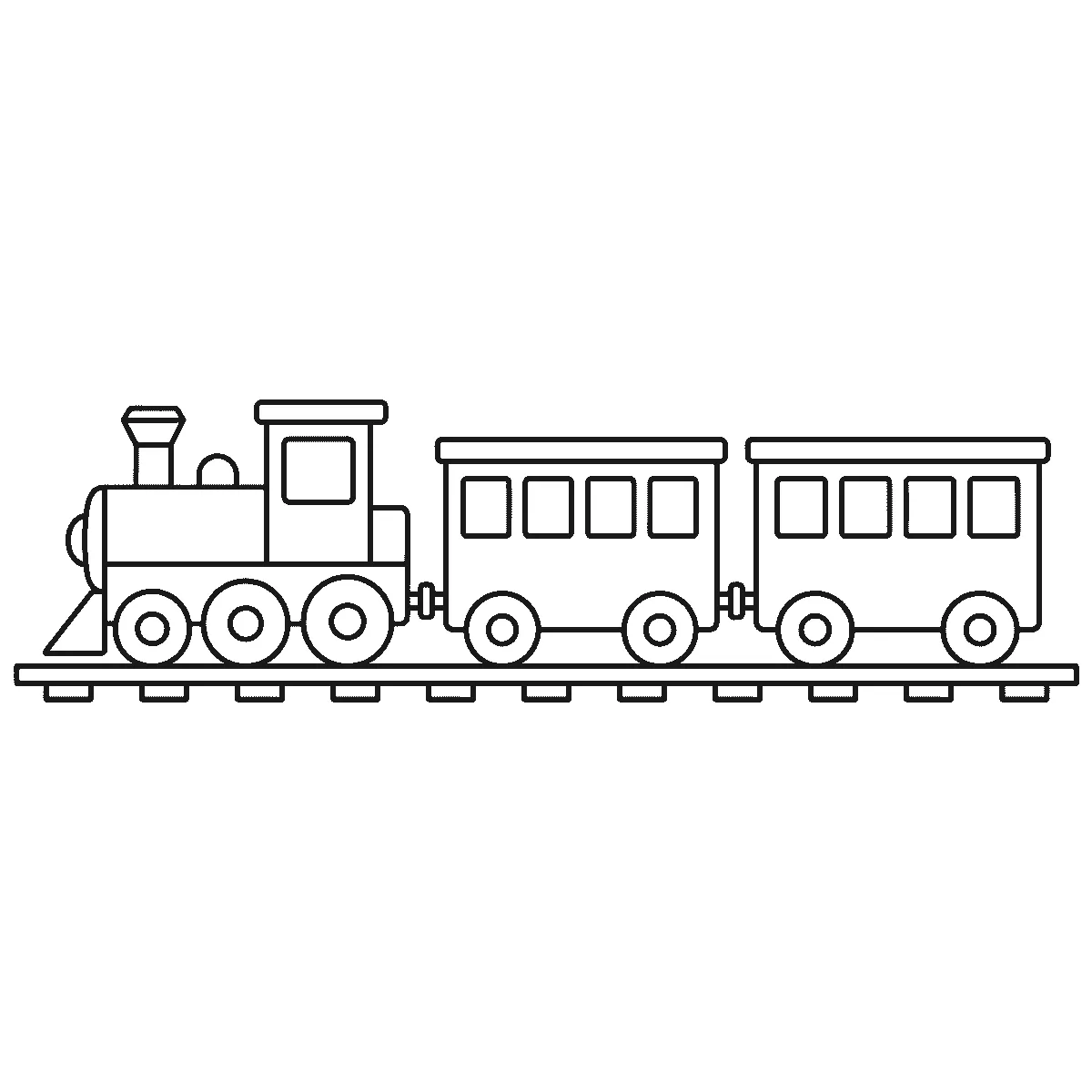 Een stoomlocomotief van opzij met twee wagons erachter op een rechte rails, elk met grote vierkante raampjes en dikke ronde wielen, getekend in zwarte lijnen op een witte achtergrond.