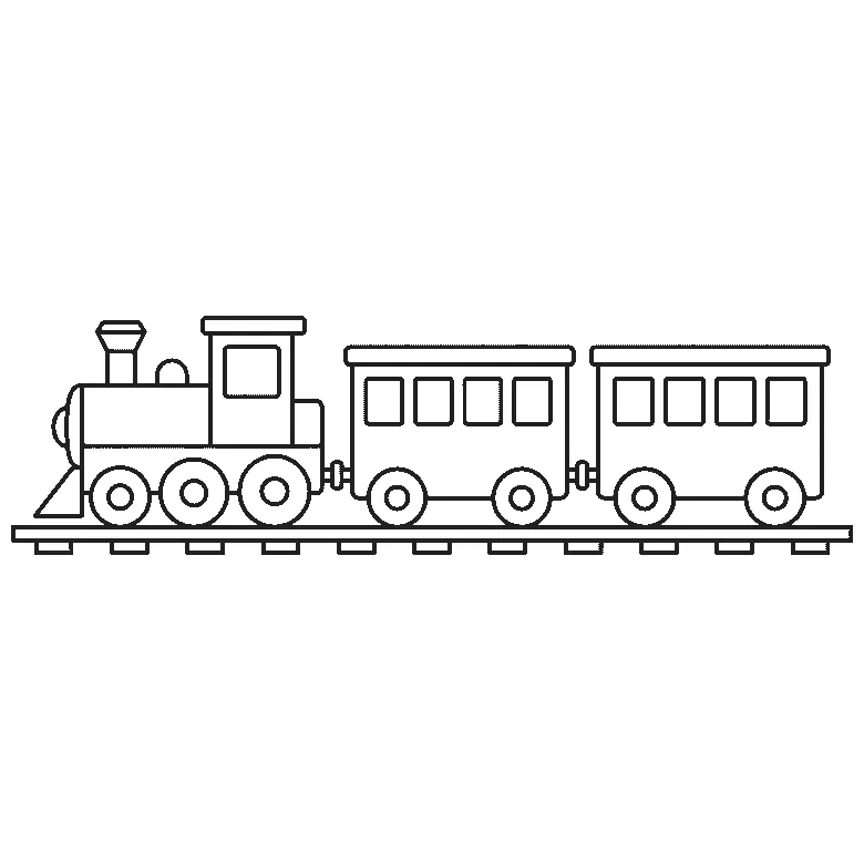 Een stoomlocomotief van opzij met twee wagons erachter op een rechte rails, elk met grote vierkante raampjes en dikke ronde wielen, getekend in zwarte lijnen op een witte achtergrond.