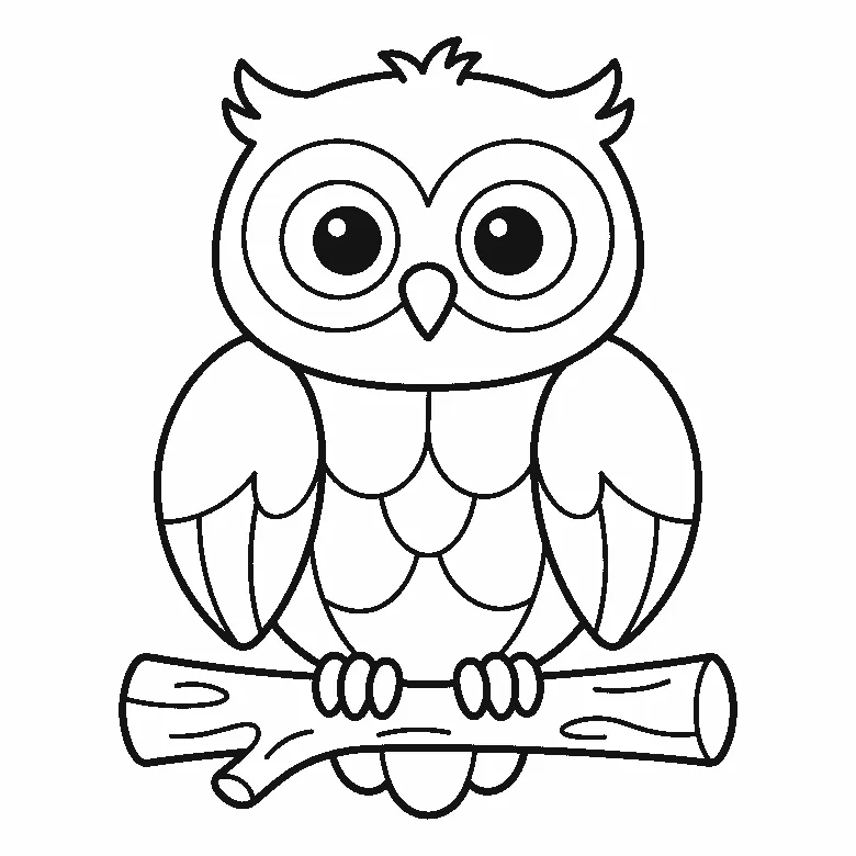 Een uil zit op een dikke tak en kijkt naar voren, met twee grote ronde ogen, een klein puntig snaveltje en gevouwen vleugels naast een buik vol veerpartijen, in zwarte lijnen op een witte achtergrond.