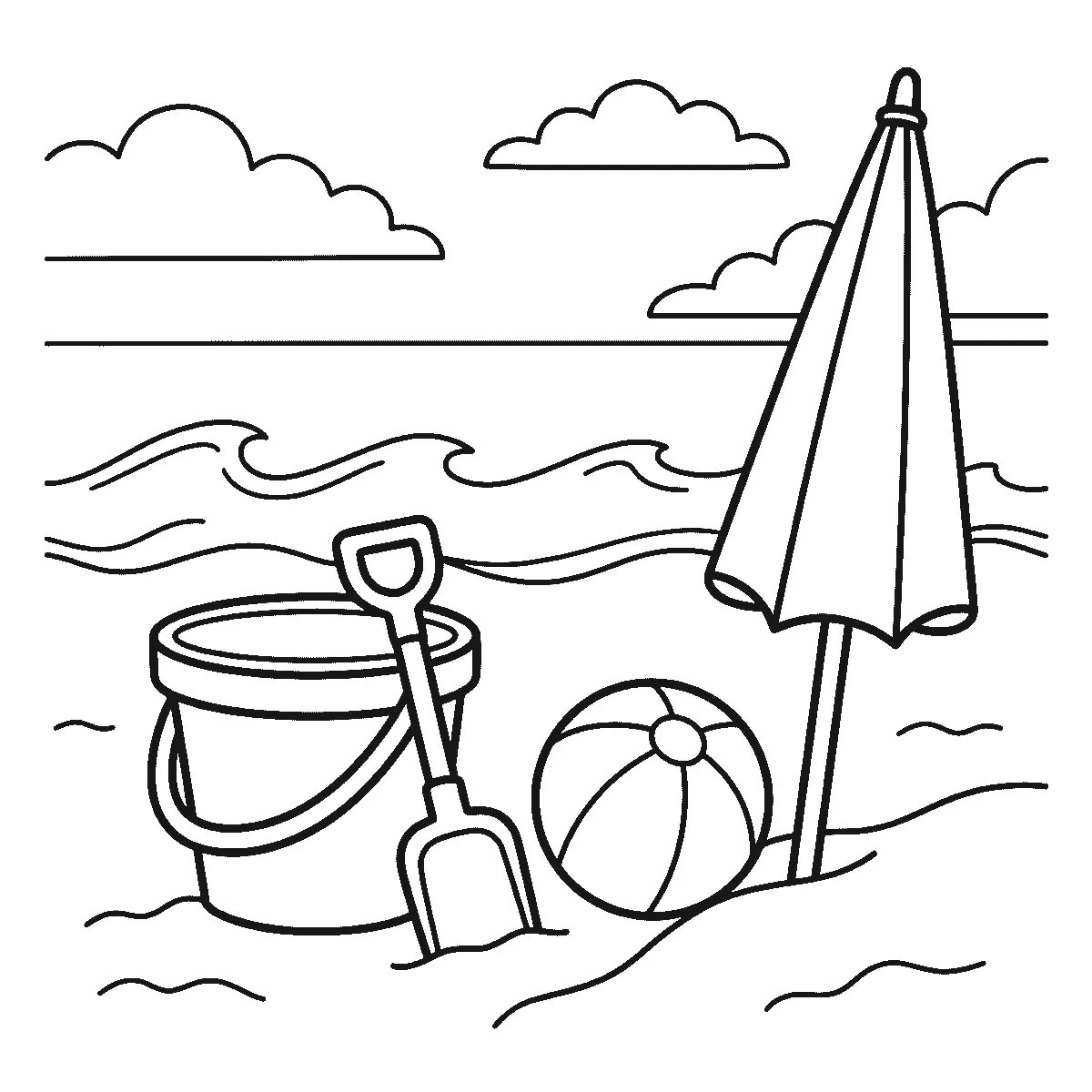 Een emmer met een schepje ernaast staat in het zand naast een gestreepte strandbal en een dichtgeklapte parasol, met golven en wolken op de achtergrond, getekend in zwarte lijnen op een witte achtergrond.