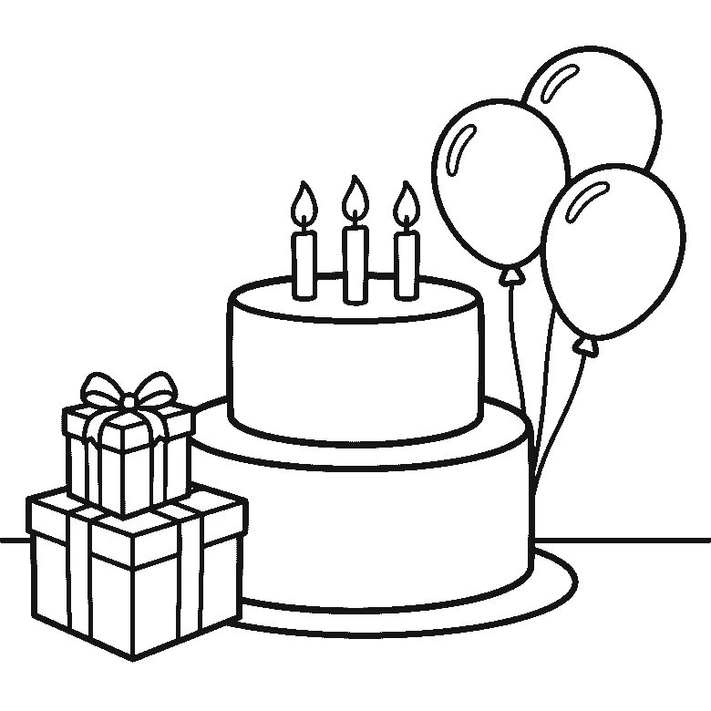 Een verjaardagstaart met twee lagen en drie brandende kaarsjes staat naast drie ballonnen aan touwtjes en twee ingepakte cadeautjes, getekend in zwarte lijnen op een witte achtergrond.