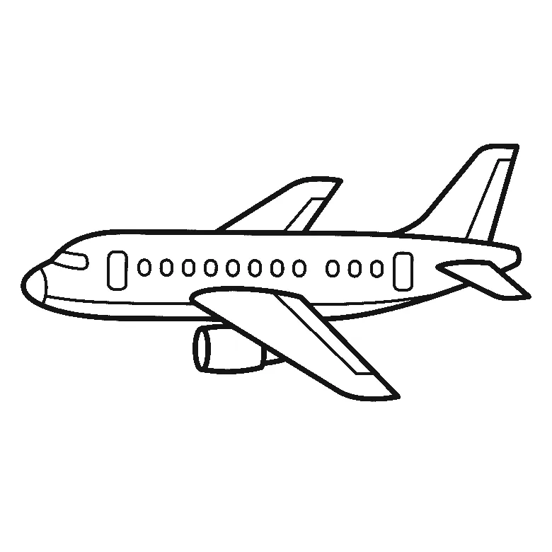 Een passagiersvliegtuig van opzij in de lucht met een lange romp, een rij ronde raampjes, twee vleugels met een motor eronder en een hoge staartvin, getekend in zwarte lijnen op een witte achtergrond.