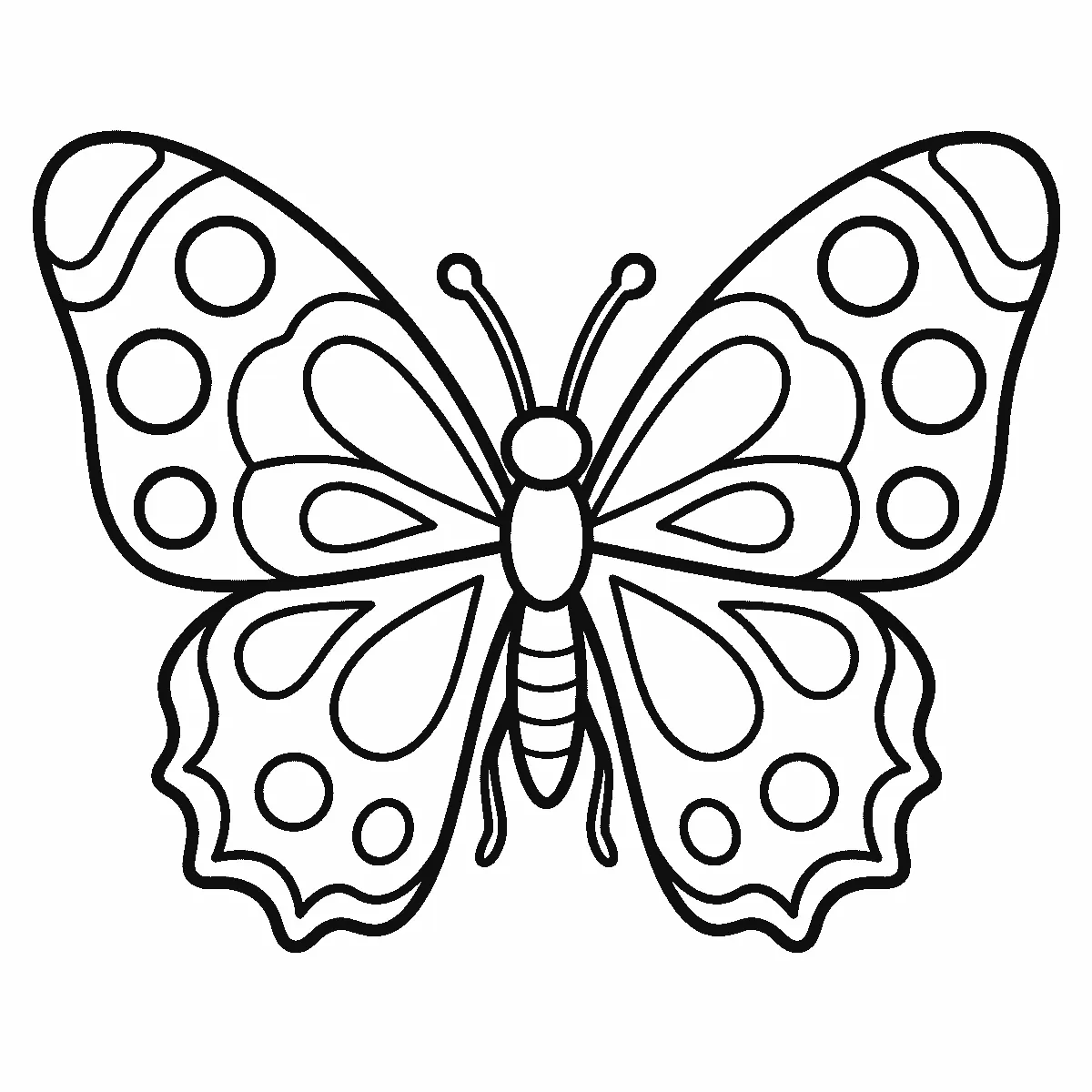 Een vlinder is van bovenaf afgebeeld met wijd gespreide symmetrische vleugels vol ronde patronen, een rond kopje zonder gezicht en twee lange voelsprieten, in zwarte lijnen op een witte achtergrond.