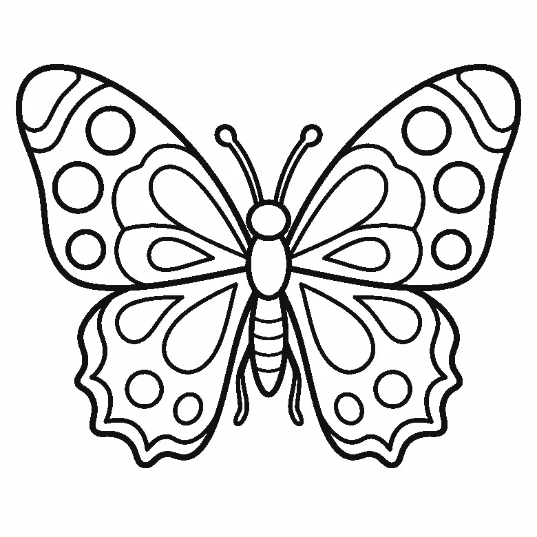 Een vlinder is van bovenaf afgebeeld met wijd gespreide symmetrische vleugels vol ronde patronen, een rond kopje zonder gezicht en twee lange voelsprieten, in zwarte lijnen op een witte achtergrond.