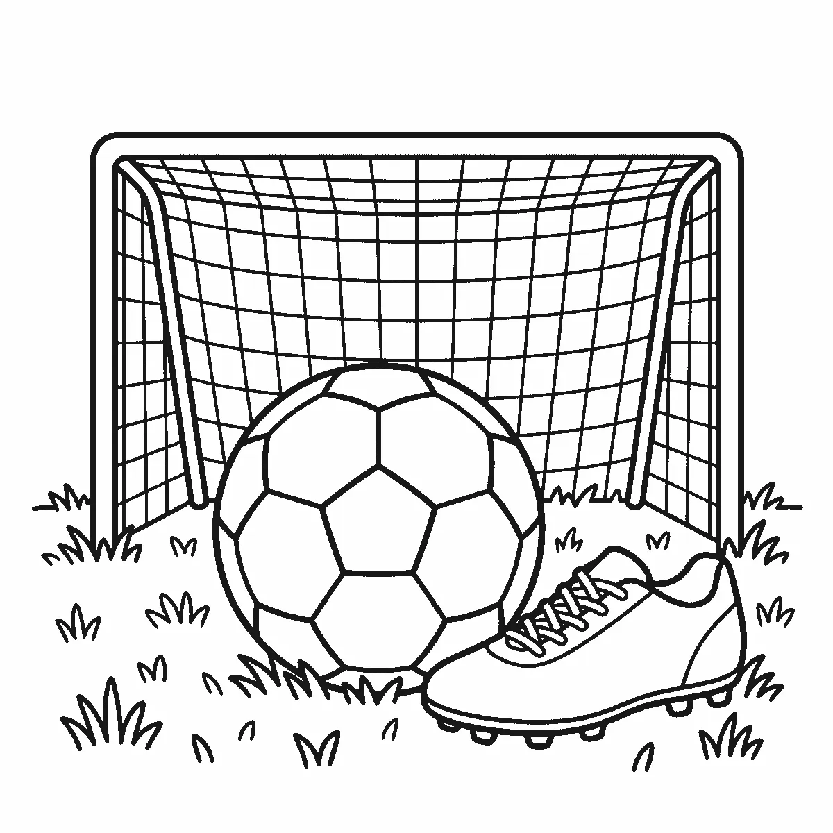 Een ronde voetbal met klassieke lapjes ligt in het gras voor een doel met een groot net, met daarnaast één effen voetbalschoen zonder logo's of strepen, getekend in zwarte lijnen op een witte achtergrond.