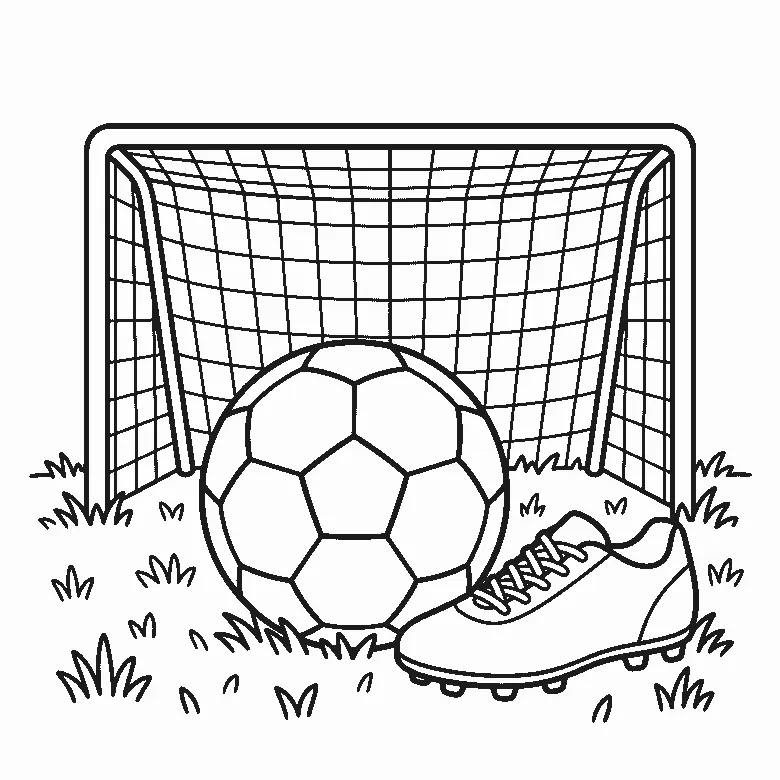 Een ronde voetbal met klassieke lapjes ligt in het gras voor een doel met een groot net, met daarnaast één effen voetbalschoen zonder logo's of strepen, getekend in zwarte lijnen op een witte achtergrond.