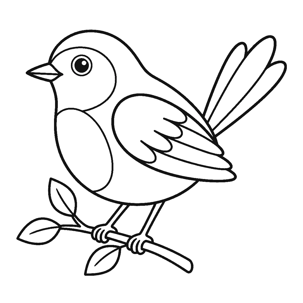 Een vogel zit in profiel op een bebladerd twijgje met één oog, een kort spits snaveltje, een vleugel vol veren en een gespreide staart, in zwarte lijnen op een witte achtergrond.