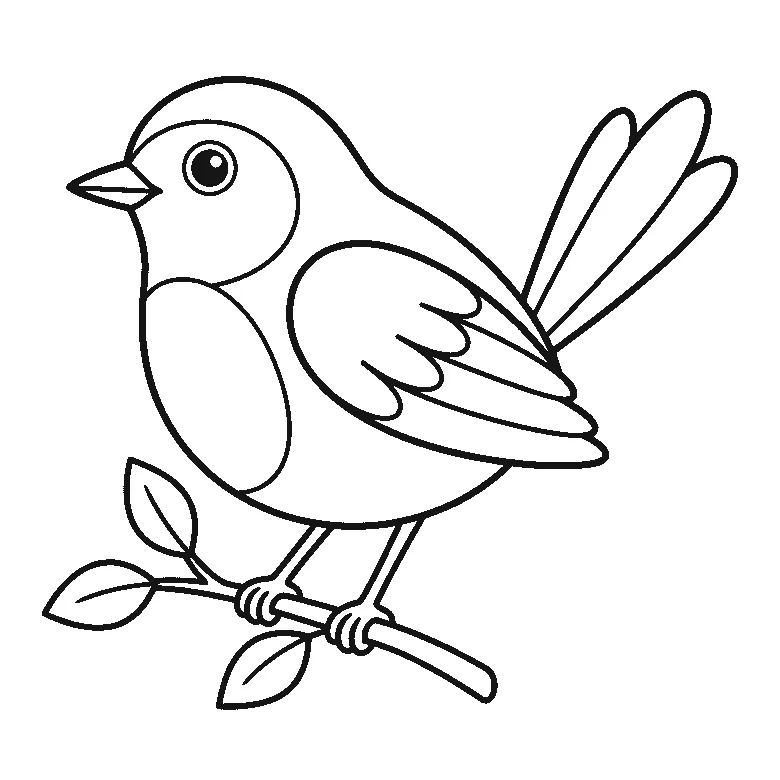 Een vogel zit in profiel op een bebladerd twijgje met één oog, een kort spits snaveltje, een vleugel vol veren en een gespreide staart, in zwarte lijnen op een witte achtergrond.