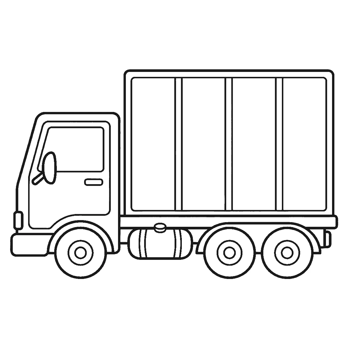 Een vrachtwagen van opzij met een cabine met één raam, een hoge laadbak in vier panelen, een ronde brandstoftank onder het chassis en drie grote wielen, getekend in zwarte lijnen op een witte achtergrond.