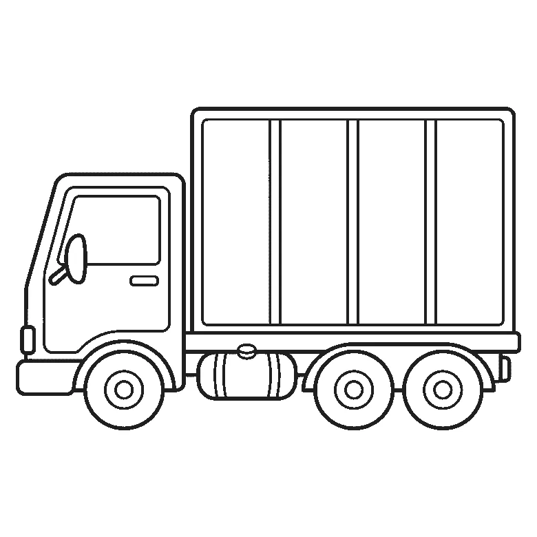 Een vrachtwagen van opzij met een cabine met één raam, een hoge laadbak in vier panelen, een ronde brandstoftank onder het chassis en drie grote wielen, getekend in zwarte lijnen op een witte achtergrond.