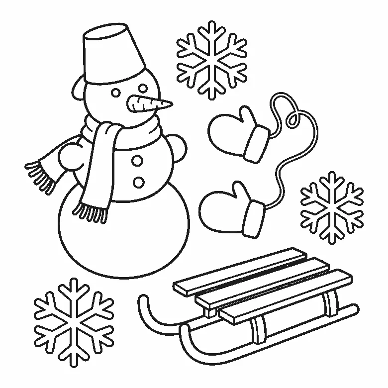 Een sneeuwpop met een emmer als hoed, een wortelneus en een sjaal met franje staat naast wanten aan een koordje, een houten slee en grote sneeuwvlokken, getekend in zwarte lijnen op een witte achtergrond.