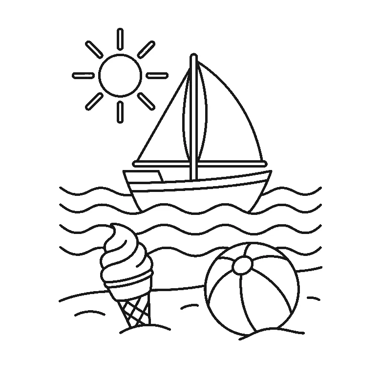 Een zon met stralen schijnt boven een zeilbootje op golvend water, met een ijshoorntje en een strandbal op het strand ervoor, getekend in zwarte lijnen op een witte achtergrond.